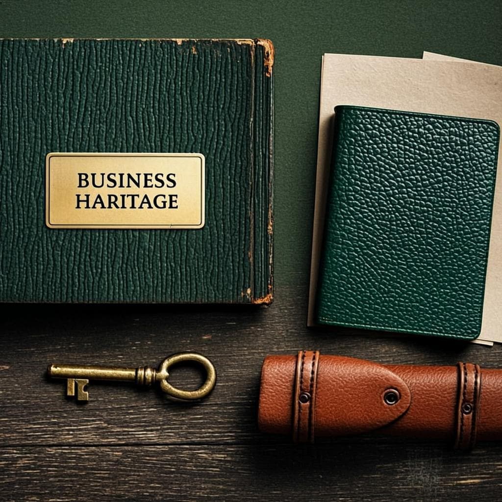 Archival British business artifacts — a brass nameplate, a stamped ledger, an old brass key — the material heritage of enduring small businesses.