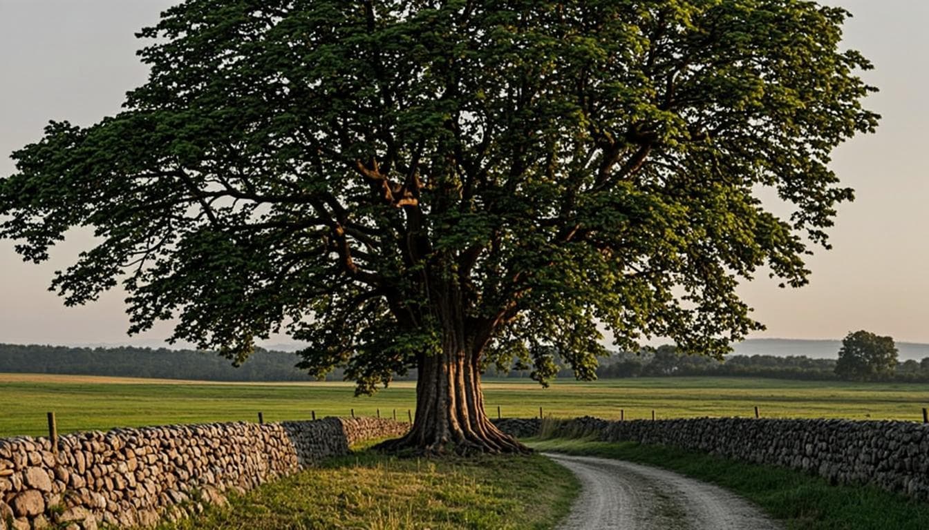 An English oak tree in a quiet field at golden hour — broad and enduring, a symbol of heritage and continuity.