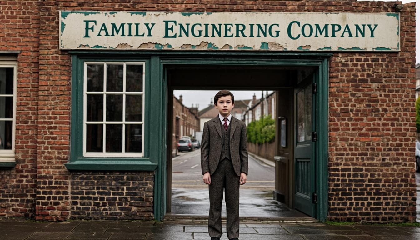 A founder at the entrance of his established family engineering business — a lifetime's work.