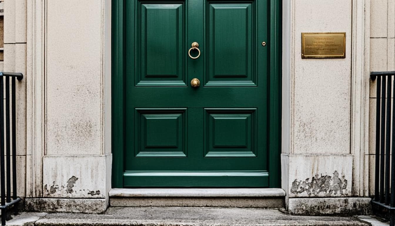 The entrance to a discreet British professional office — a polished brass nameplate beside a dark green door.