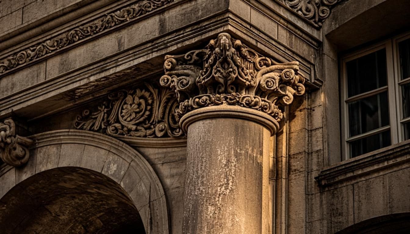 Classical British stone architecture — weathered column and carved pediment of a regional civic building.
