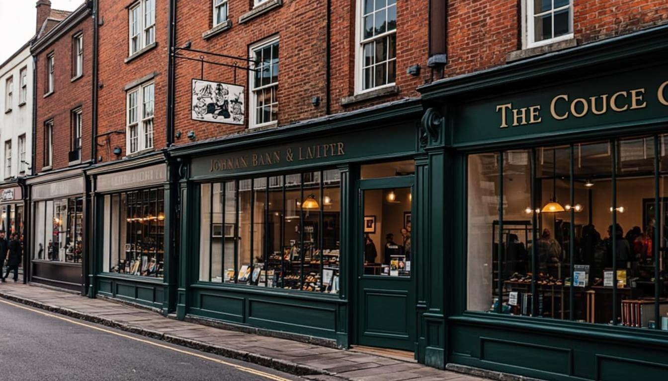A traditional British high street of established independent businesses — the fabric of regional commerce.