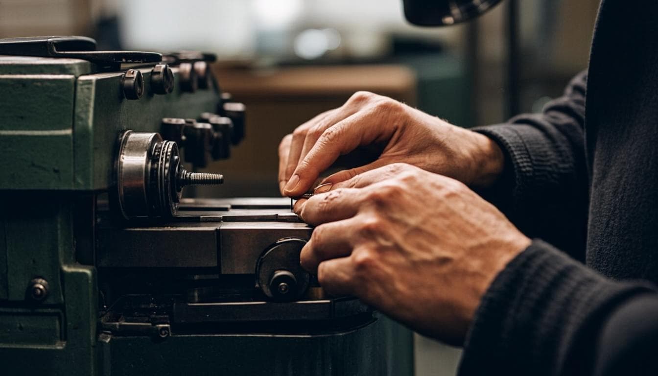 A craftsperson's hands at work on precision equipment — the dignity of careful work over time.