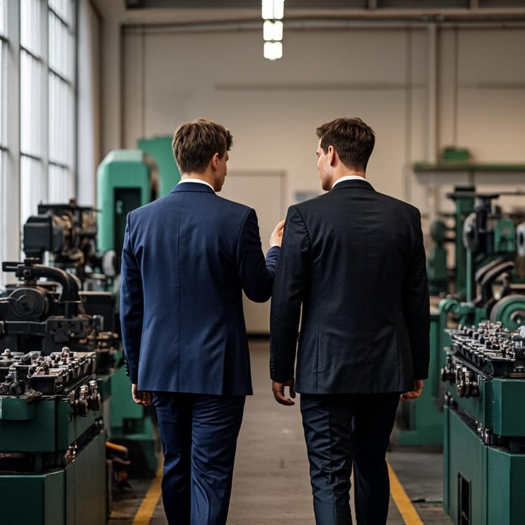 Two people walking through an established British workshop — the considered process of matching a steward to a business.