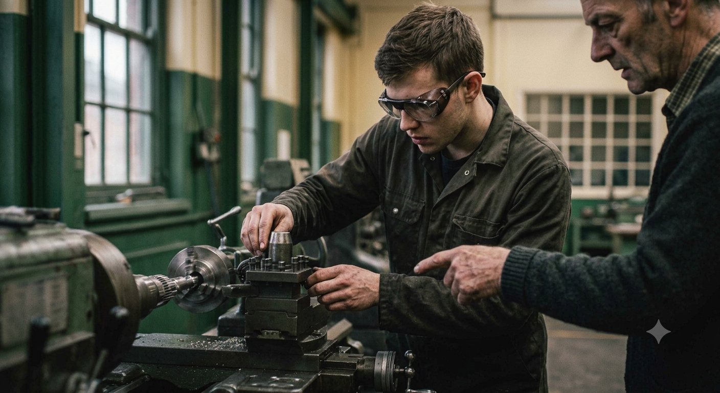 An apprentice setting up a lathe under supervision