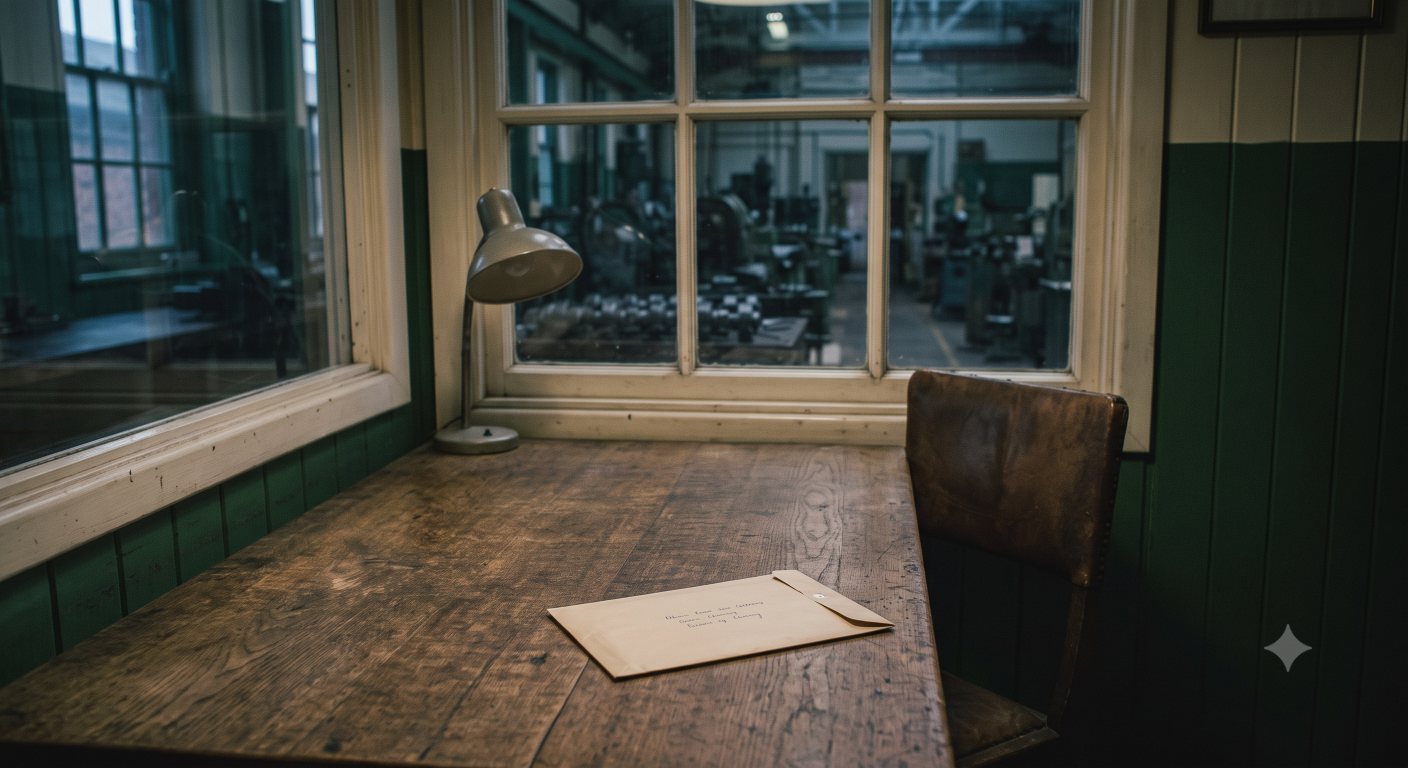An owner’s desk in a works office, an unopened envelope on it