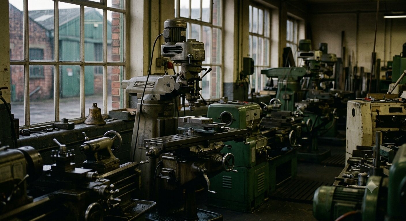 Rows of machine tools in an established British machine shop
