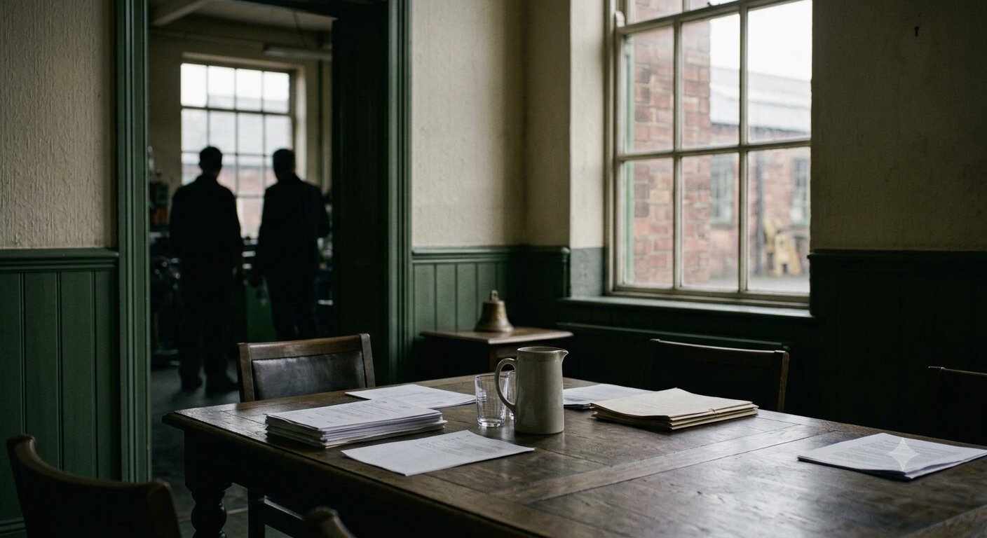 A works office table set for a meeting, two figures at the window