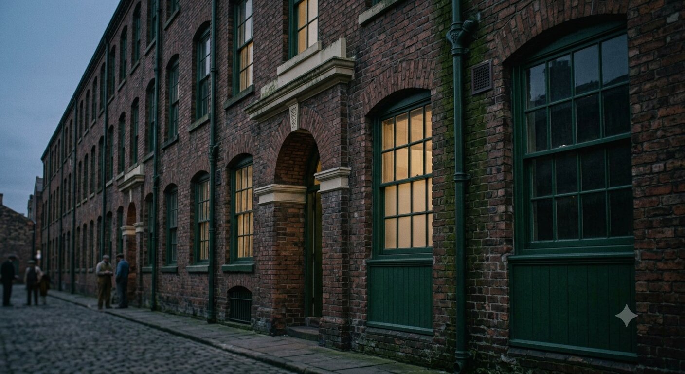 A brick works on a market-town street with the lights on inside
