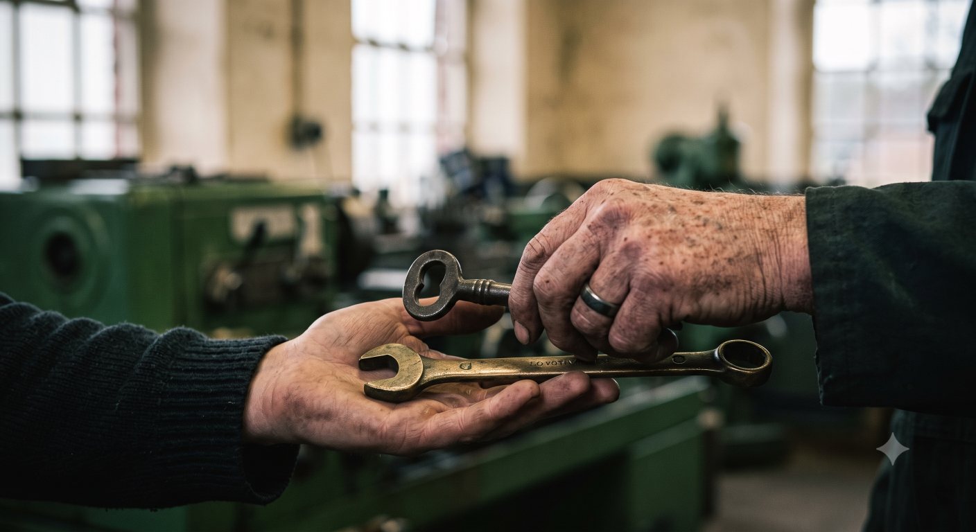 An outgoing owner handing over a key and a spanner