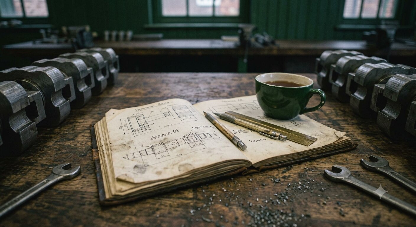 An open works ledger, a cup of tea and a spanner on a bench