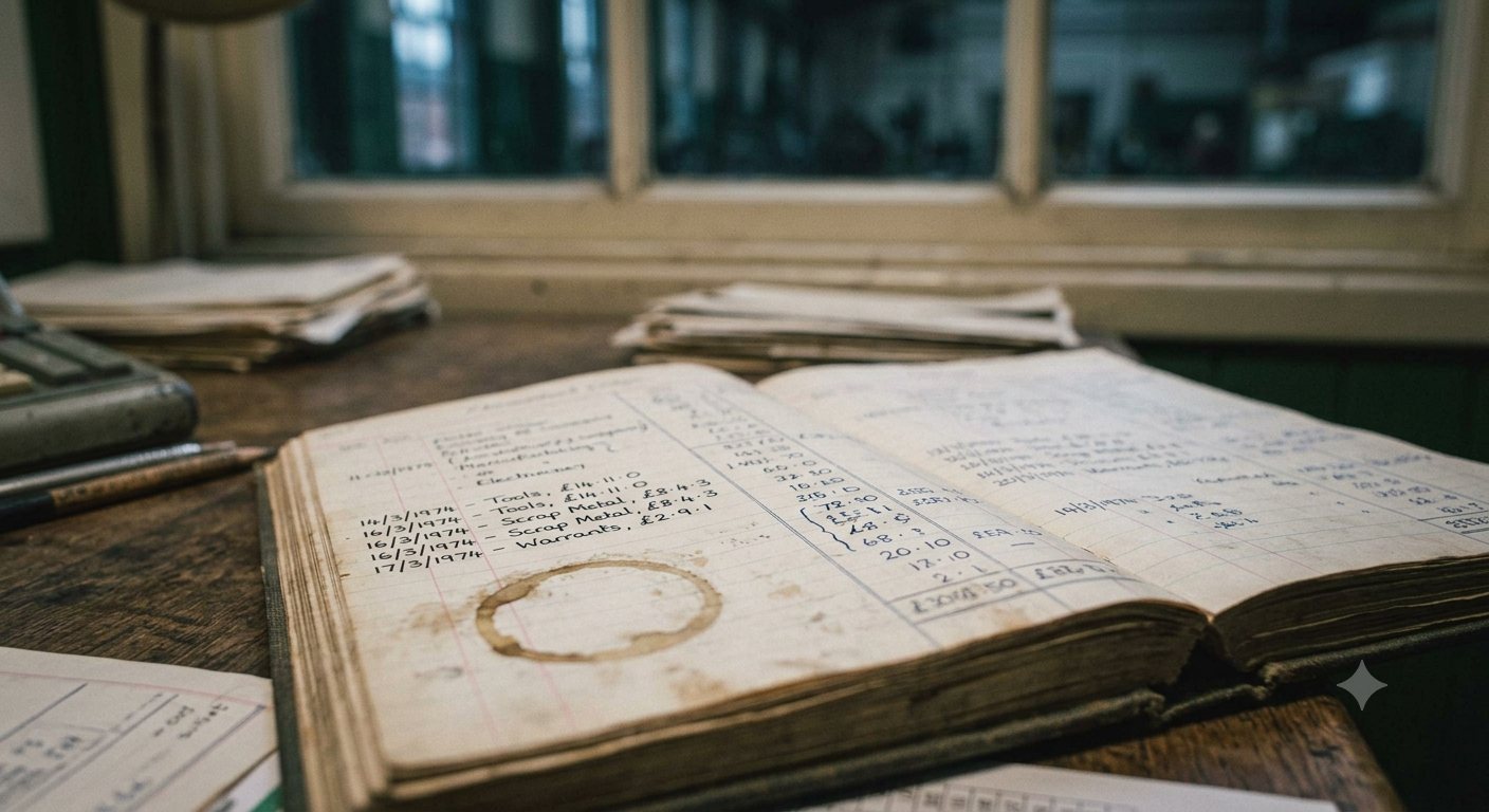 A hand-written ledger open on a works office desk