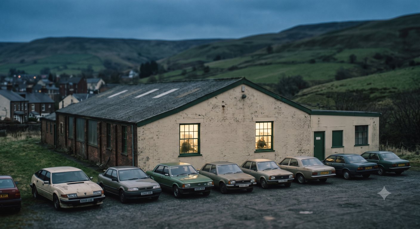 An established works at dusk, lights on in two windows