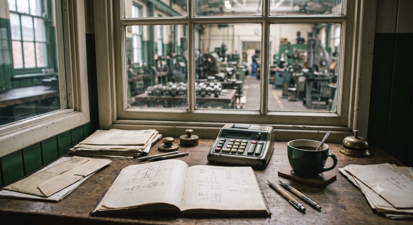 A works office desk with ledgers and a calculator