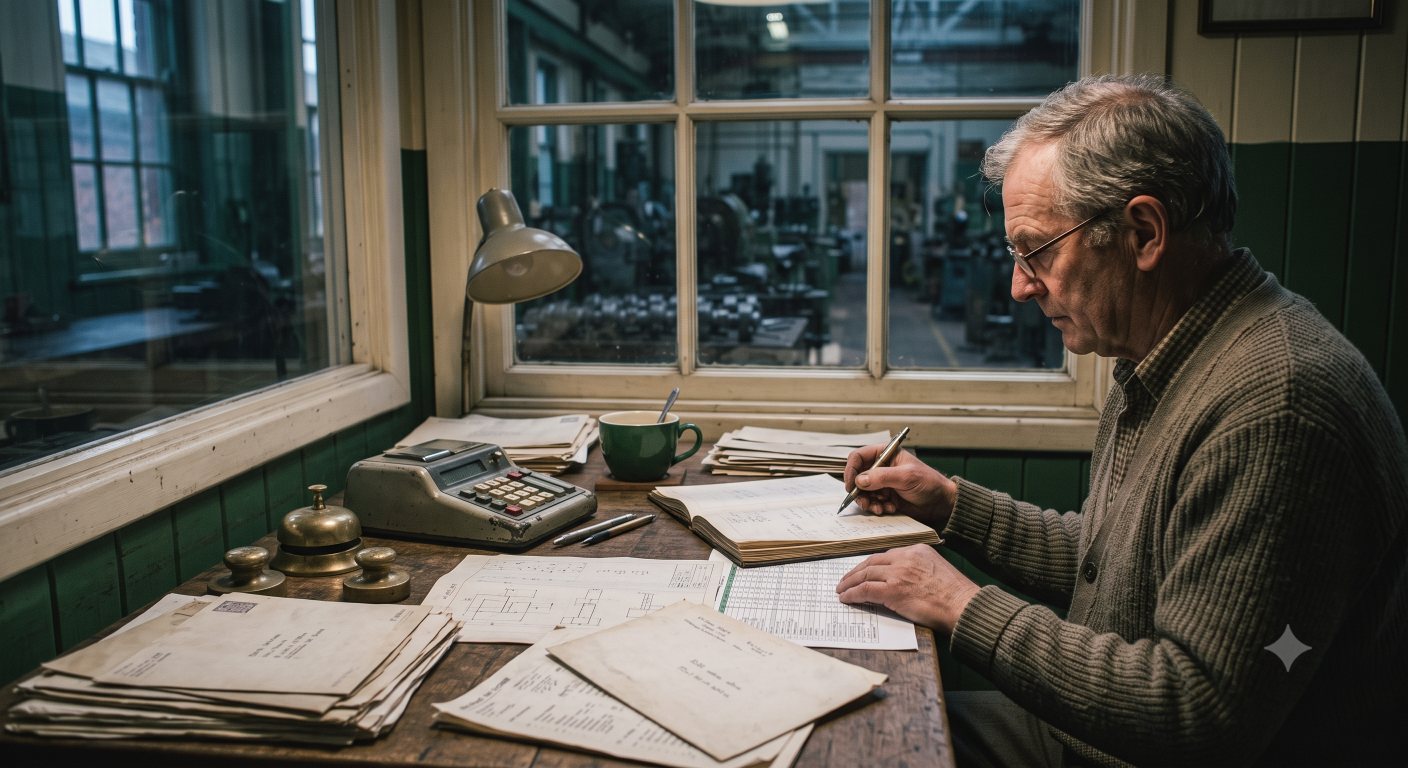 An owner working through the books at a works office desk