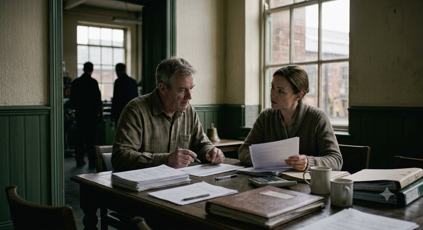 An adviser and an owner going through papers at a table
