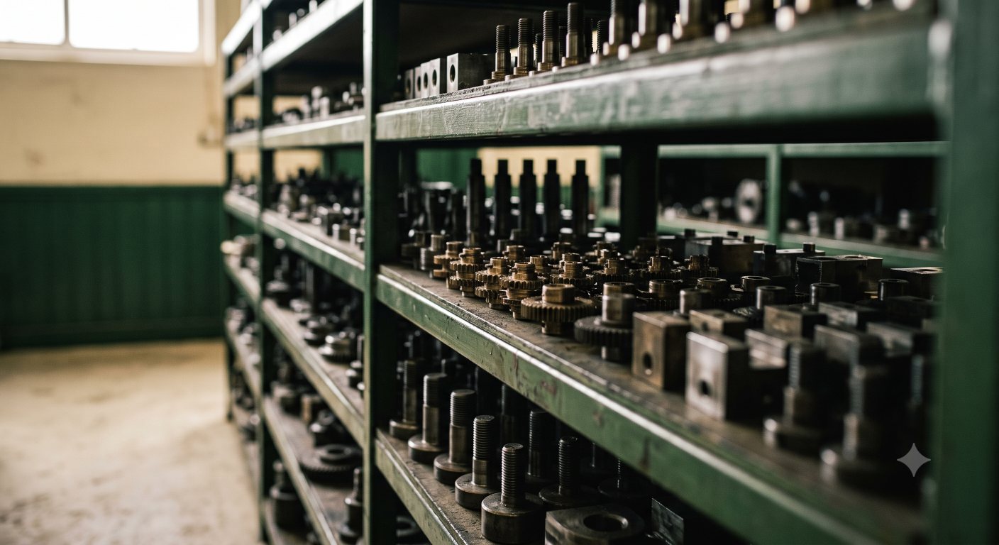 Machined components on the stores shelves of a precision workshop