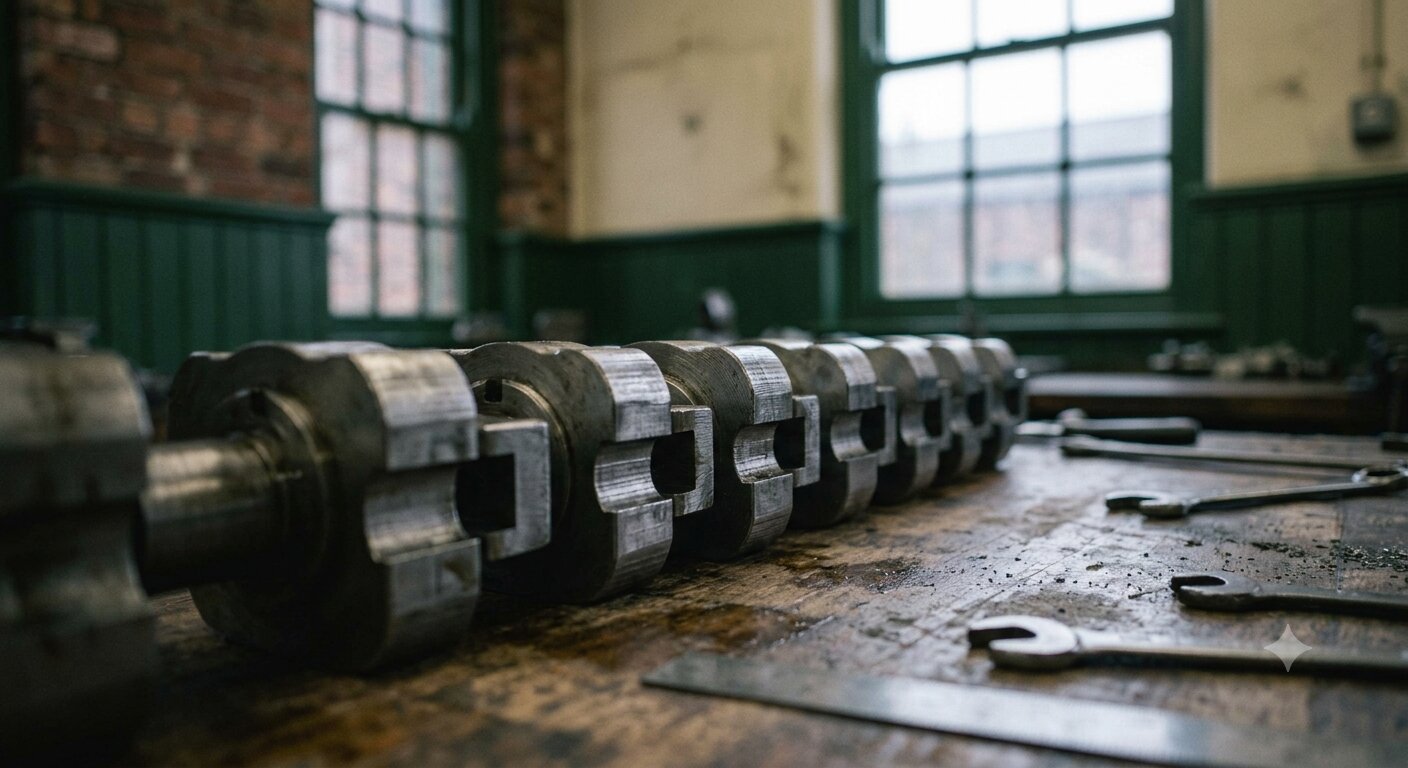 A machined crankshaft resting on a workbench