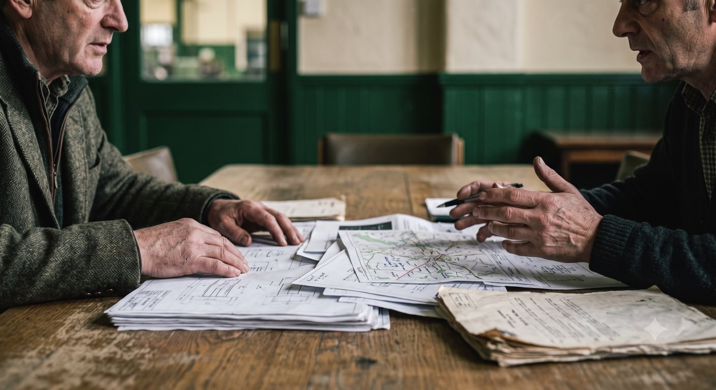 Two people talking across a table covered with drawings and papers