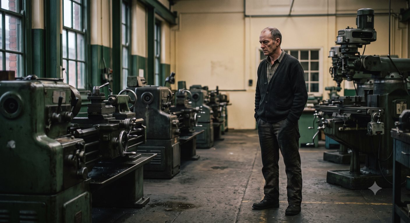 An operator alone on the shop floor of an established workshop