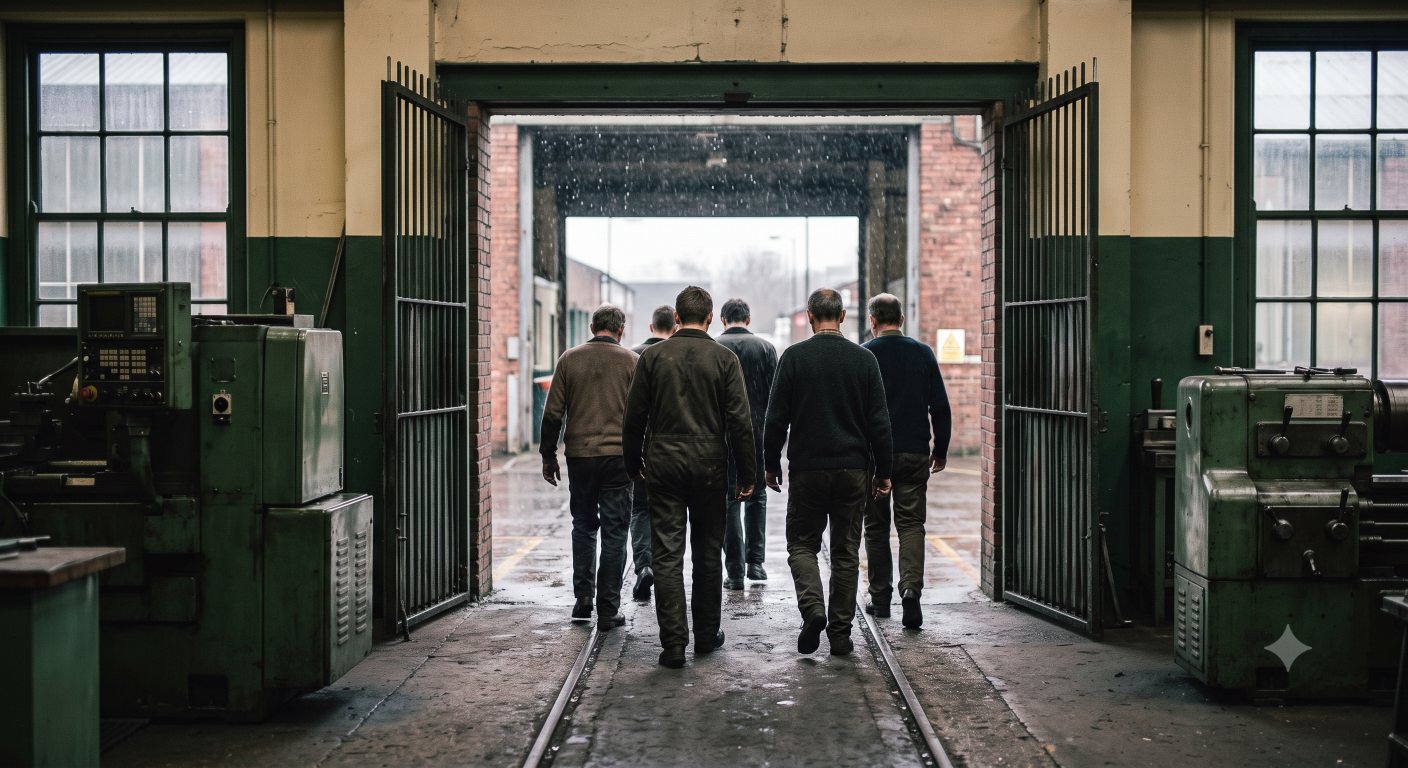 Employees leaving through the works gates at the end of a shift