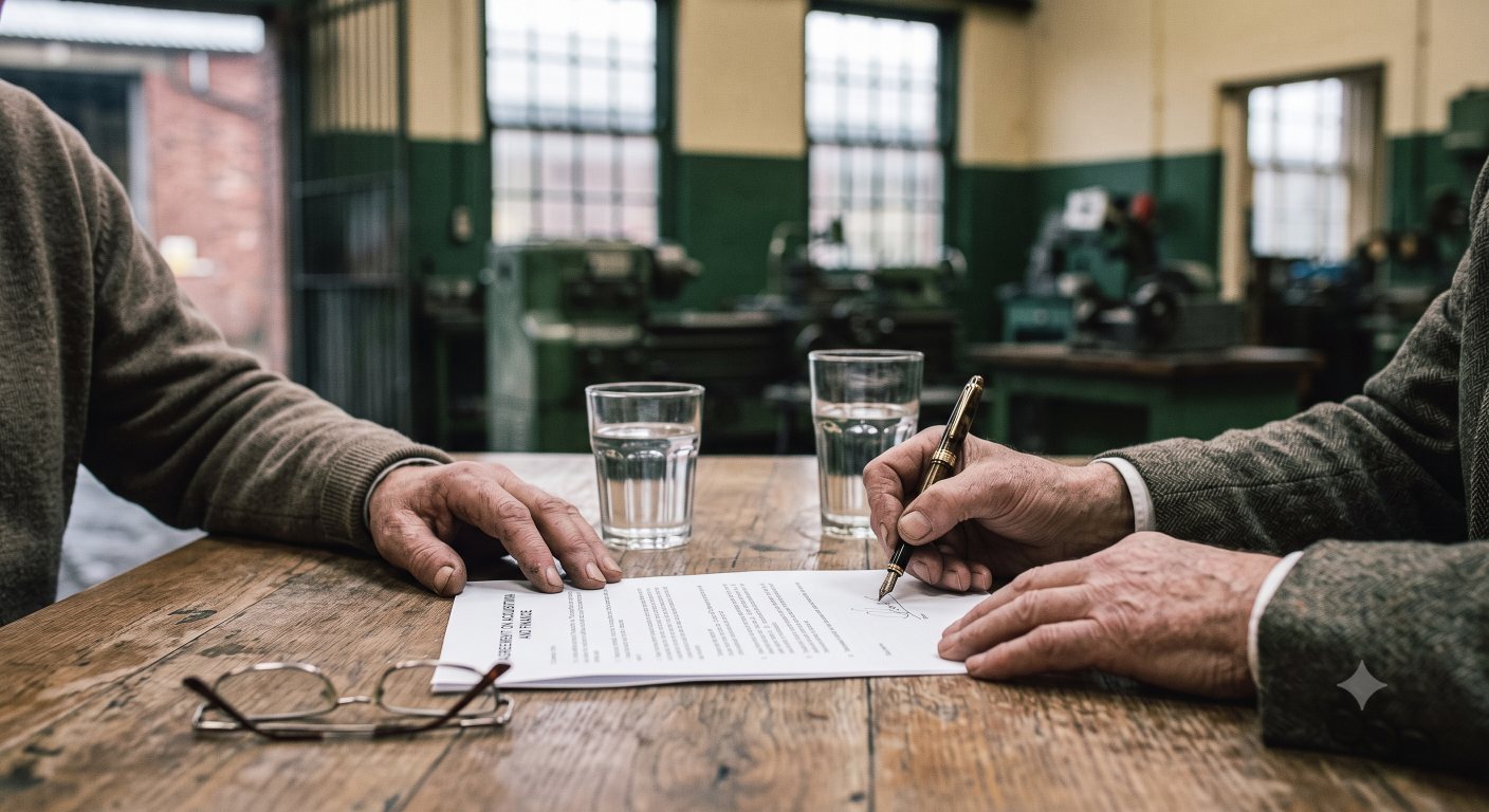 Two people signing papers across a works table