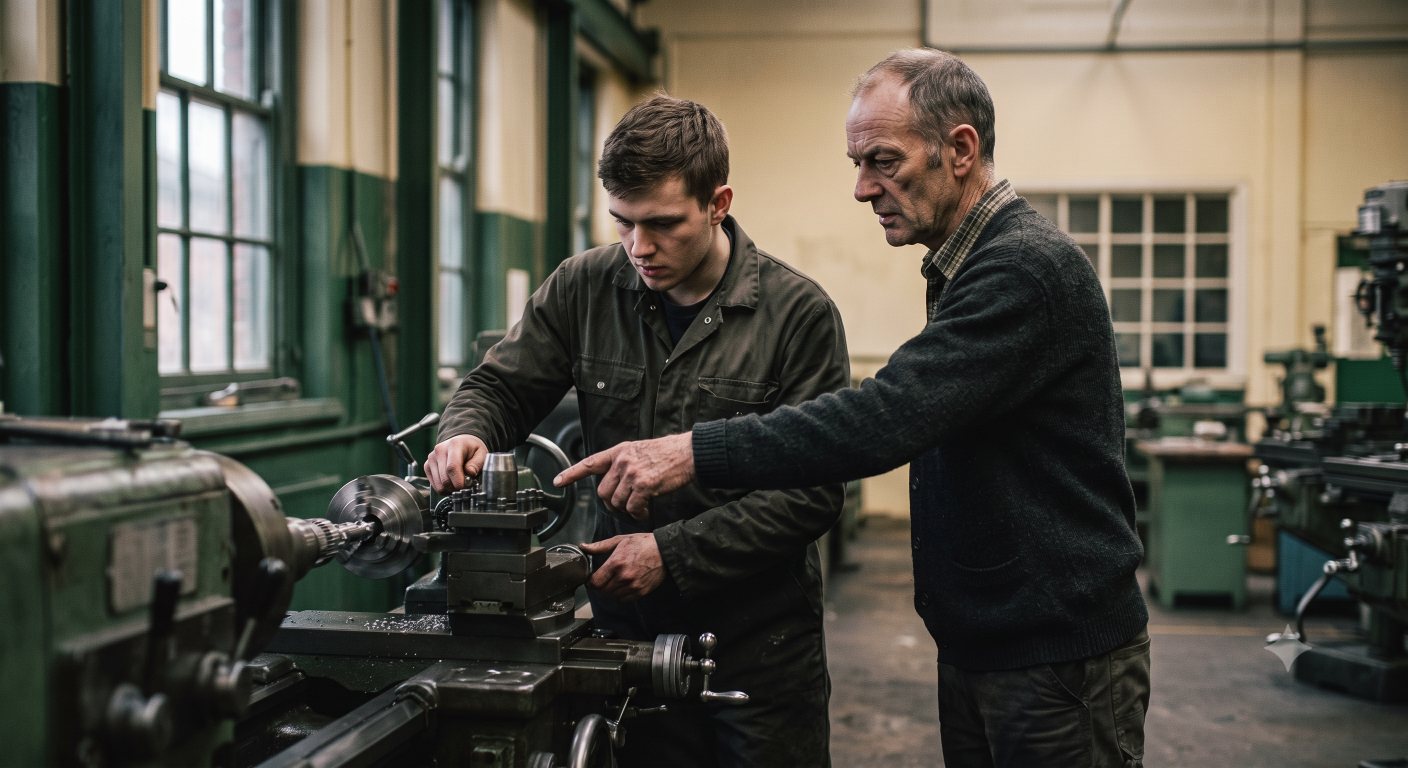 An outgoing owner showing a younger successor how a lathe is set up